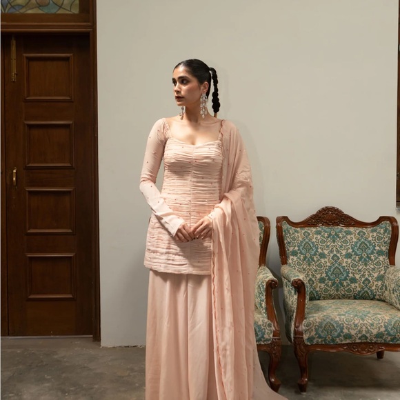 Elegant Pink Dress with Sheer Sleeves - Picture 3 of 6
